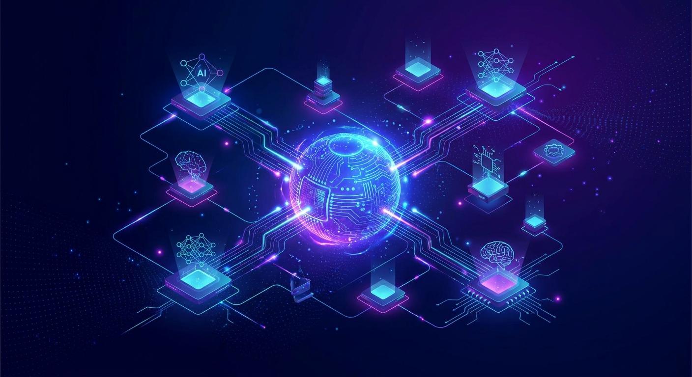 AI automation network — neural agents connected to a central core